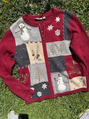 Croft & Barrow Christmas Snowman Patchwork Zip-Up Cardigan Sweater